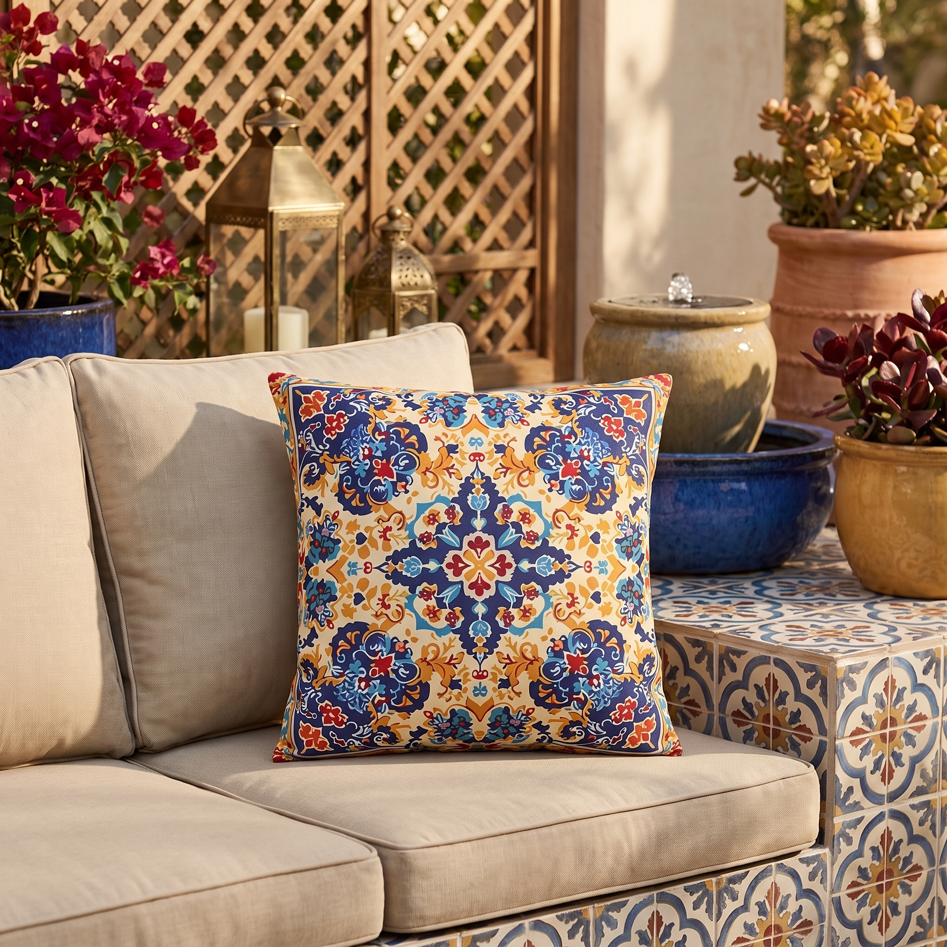 Moorish Elegance square outdoor pillow styled in a sunlit outdoor setting