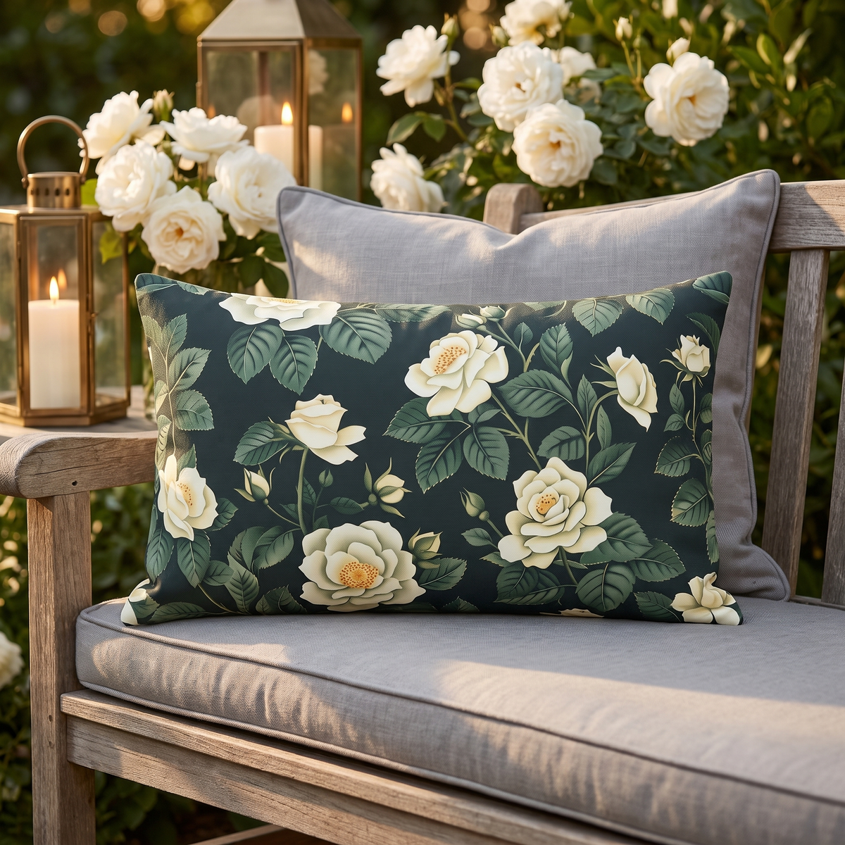 White Roses at Dusk lumbar outdoor pillow styled in a sunlit outdoor setting