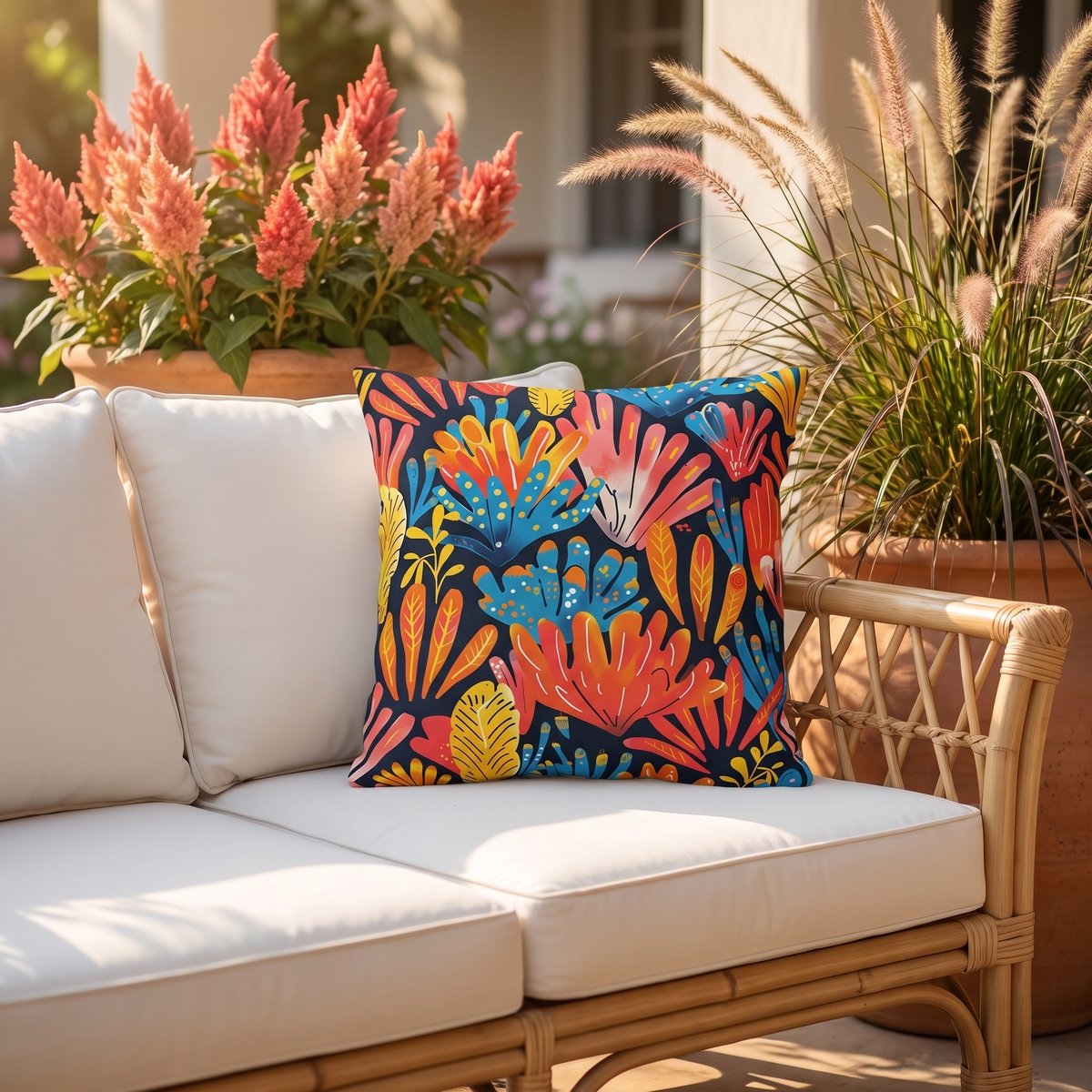 Coral Plume square outdoor pillow styled in a sunlit outdoor setting