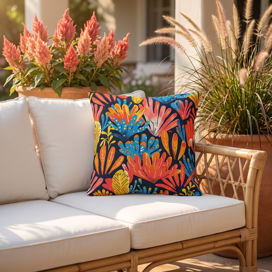 Coral Plume square outdoor pillow styled in a sunlit outdoor setting