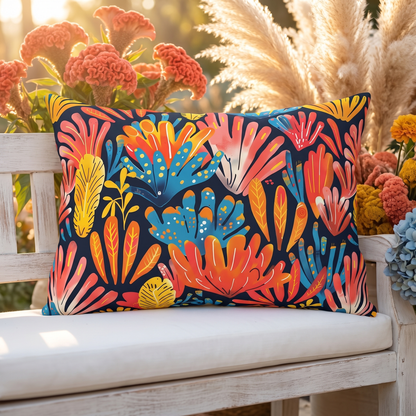Coral Plume lumbar outdoor pillow styled in a sunlit outdoor setting