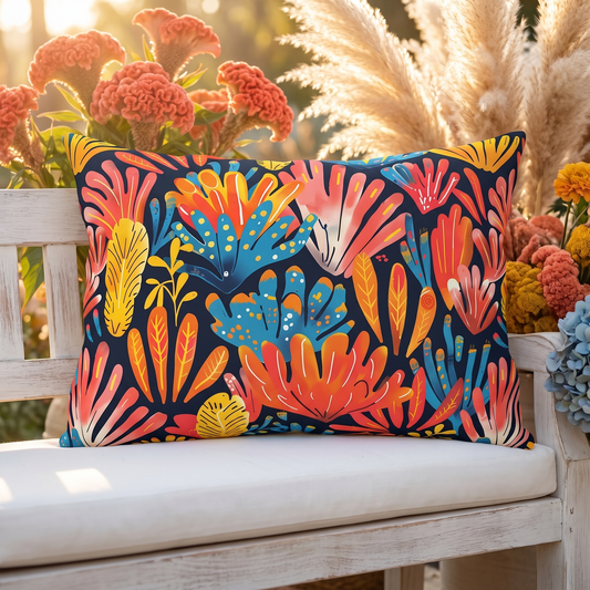 Coral Plume lumbar outdoor pillow styled in a sunlit outdoor setting