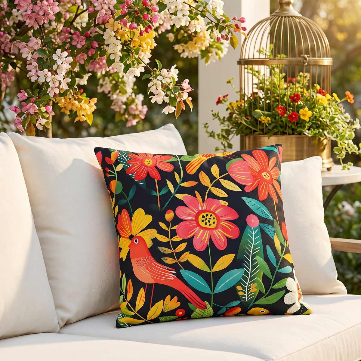 Blooming Bird Wonderland square outdoor pillow styled in a sunlit outdoor setting