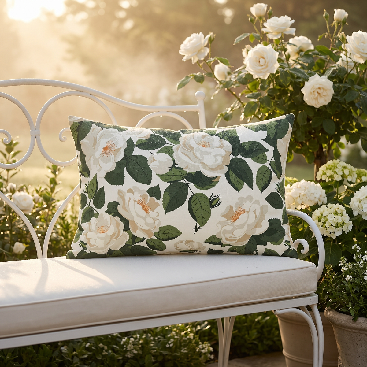 White Roses at Dawn lumbar outdoor pillow styled in a sunlit outdoor setting