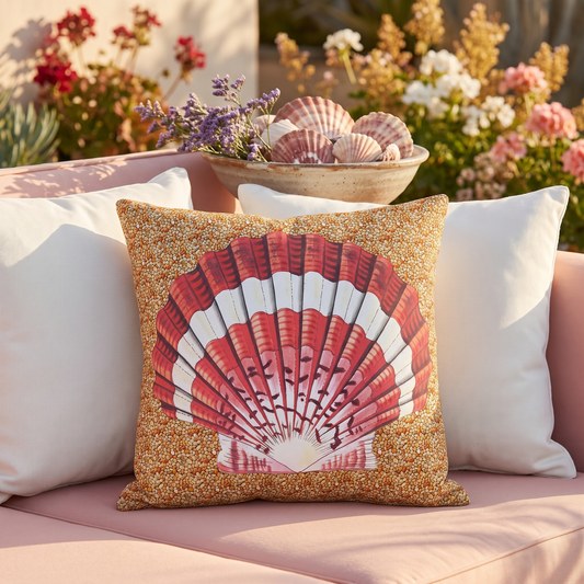 Scalloped Seashell square outdoor pillow styled in a sunlit outdoor setting
