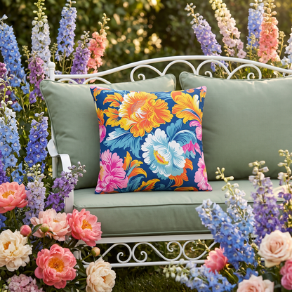 Chintz Charm square outdoor pillow styled in a sunlit outdoor setting