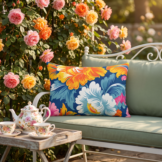 Chintz Charm lumbar outdoor pillow styled in a sunlit outdoor setting