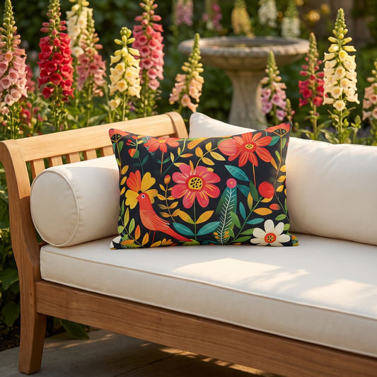 Blooming Bird Wonderland lumbar outdoor pillow styled in a sunlit outdoor setting