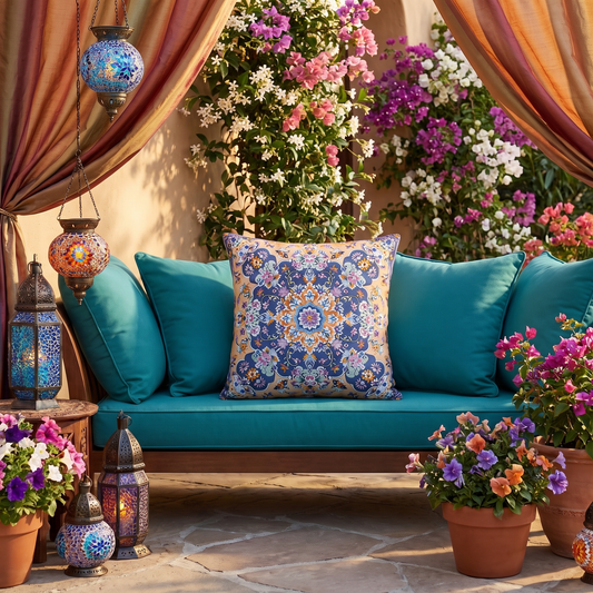 Sultan's Splendor square outdoor pillow styled in a sunlit outdoor setting