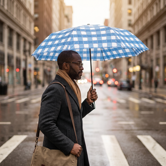 A man with glasses crosses a rain-slick downtown crosswalk under the open 48-inch Modern Blue Ribbon umbrella