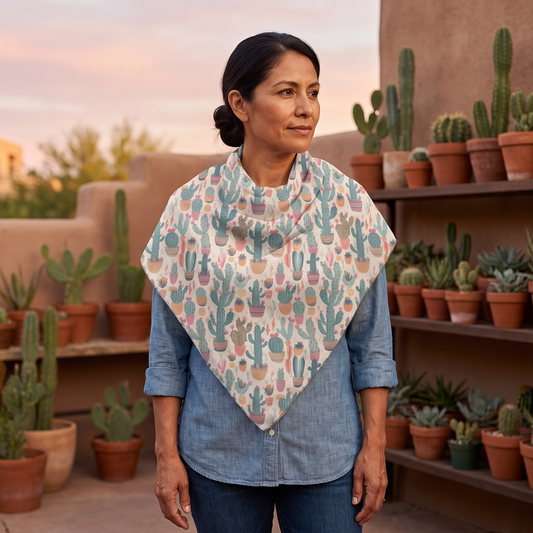 A woman on an adobe patio at dusk among potted cacti, wearing the Desert Bloom Boom 50-inch square voile scarf folded as a triangle kerchief, its small dense cactus print at true scale