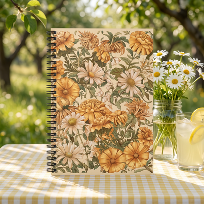 Golden Daisy Garden spiral notebook in a styled lifestyle scene — Bliss Road Studios