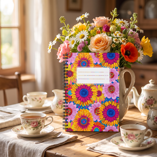 Sunny Garden Soiree spiral notebook in a styled lifestyle scene — Bliss Road Studios