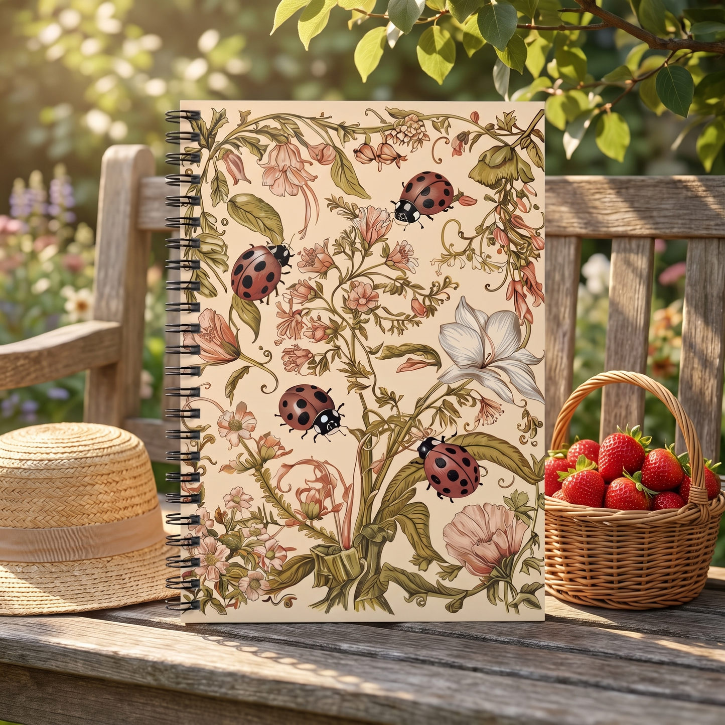 Ladybug Floral Symphony spiral notebook in a styled lifestyle scene — Bliss Road Studios