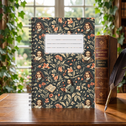 The Bard's Garden (Shakespeare!) spiral notebook in a styled lifestyle scene — Bliss Road Studios