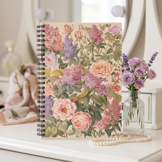 Lilac Rose Reverie spiral notebook in a styled lifestyle scene — Bliss Road Studios