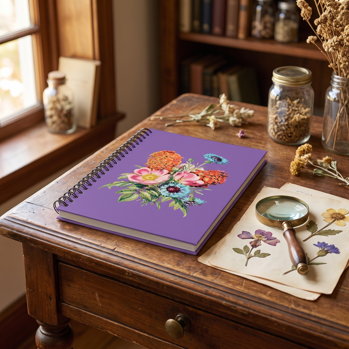 Vintage Botanical Floral spiral notebook in a styled lifestyle scene — Bliss Road Studios