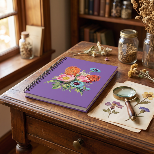 Vintage Botanical Floral spiral notebook in a styled lifestyle scene — Bliss Road Studios
