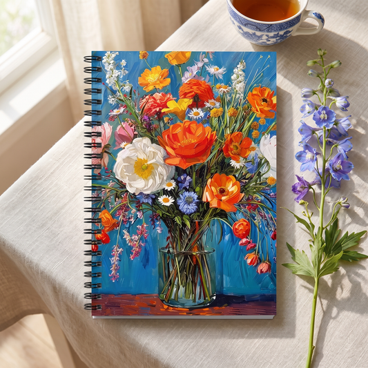 Blossoms on Blue spiral notebook in a styled lifestyle scene — Bliss Road Studios