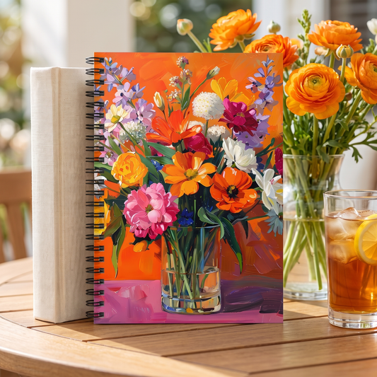 Blossoms on Orange spiral notebook in a styled lifestyle scene — Bliss Road Studios