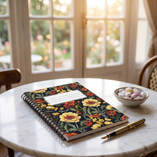 European Floral Tapestry spiral notebook in a styled lifestyle scene — Bliss Road Studios