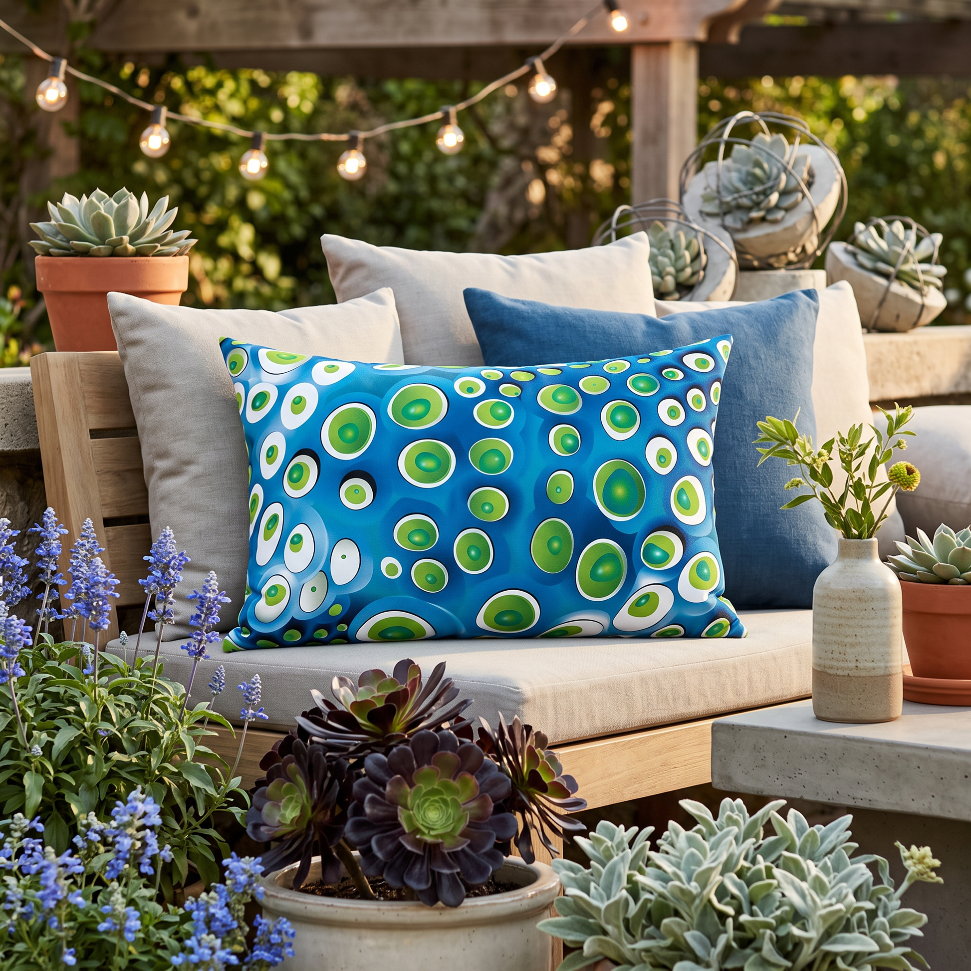 Embryonic Space Pods lumbar outdoor pillow styled in a sunlit outdoor setting