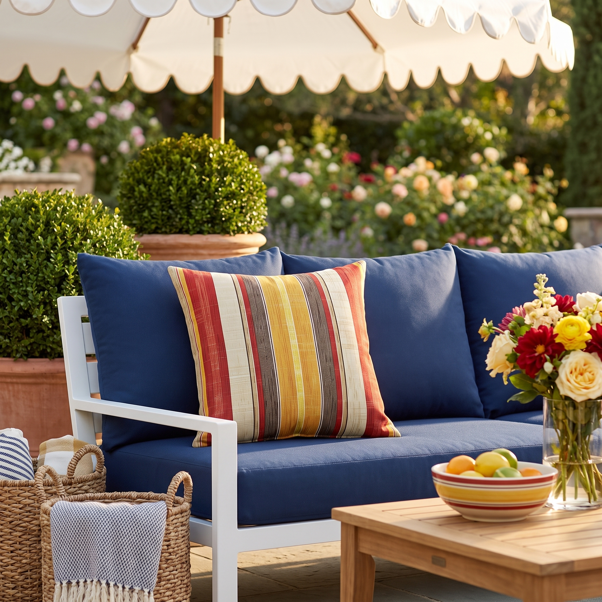 Royal Stripes Delight square outdoor pillow styled in a sunlit outdoor setting