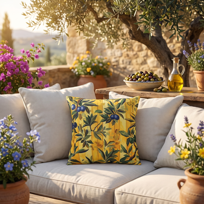 Olives & Sunshine Delight square outdoor pillow styled in a sunlit outdoor setting