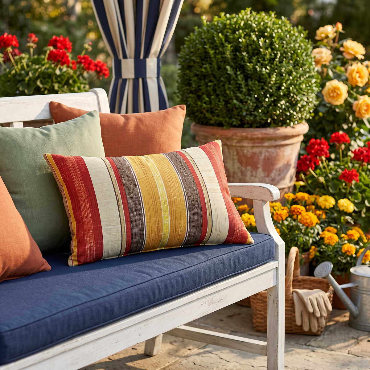 Royal Stripes Delight lumbar outdoor pillow styled in a sunlit outdoor setting
