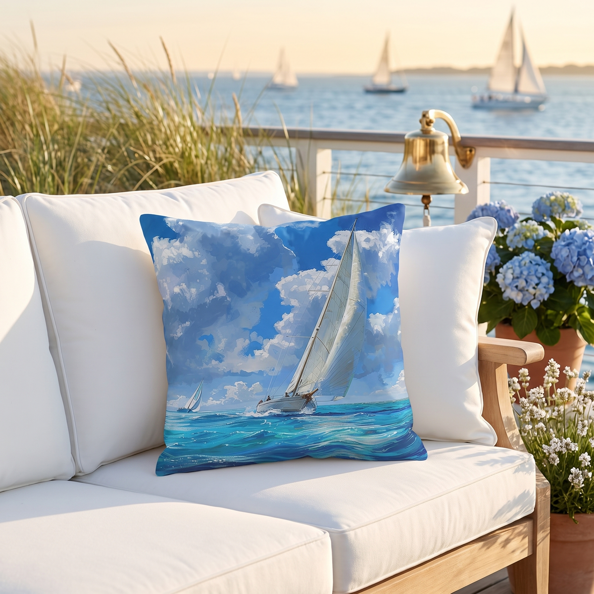 Ocean Breeze Sailing square outdoor pillow styled in a sunlit outdoor setting