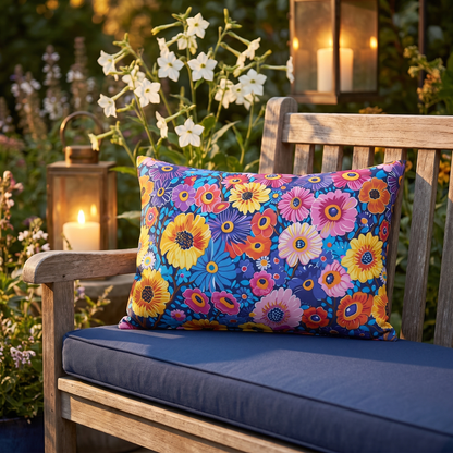 Midnight Garden Whimsy lumbar outdoor pillow styled in a sunlit outdoor setting