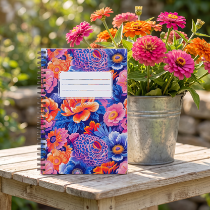 Zinnias in Bloom spiral notebook in a styled lifestyle scene — Bliss Road Studios
