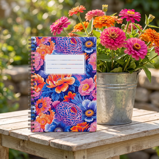 Zinnias in Bloom spiral notebook in a styled lifestyle scene — Bliss Road Studios
