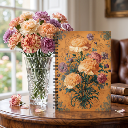 Vintage Carnations spiral notebook in a styled lifestyle scene — Bliss Road Studios