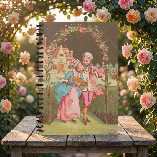 Vintage Romantic Arbor spiral notebook in a styled lifestyle scene — Bliss Road Studios