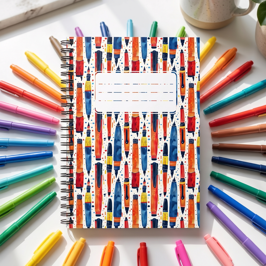 Ink Pens Floating in the Light with Label spiral notebook in a styled lifestyle scene — Bliss Road Studios