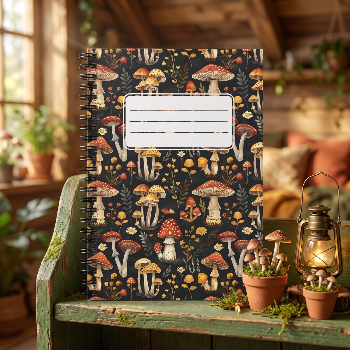 Whimsical Mushroom Forest with Label spiral notebook in a styled lifestyle scene — Bliss Road Studios