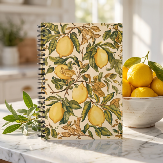 Botanical Lemons spiral notebook in a styled lifestyle scene — Bliss Road Studios