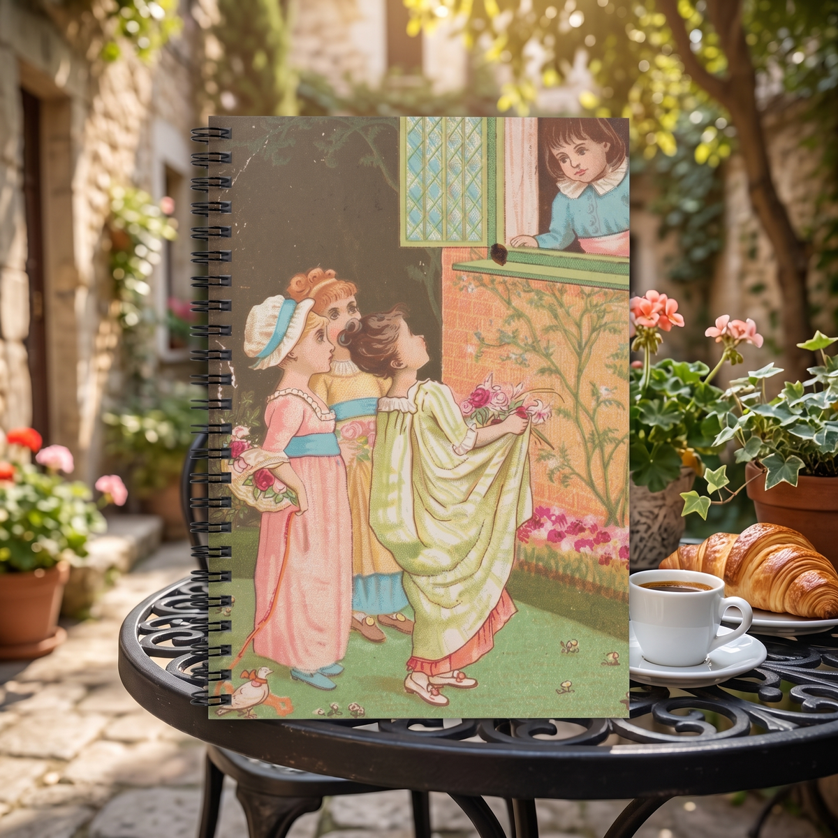 Vintage European Spring Day spiral notebook in a styled lifestyle scene — Bliss Road Studios