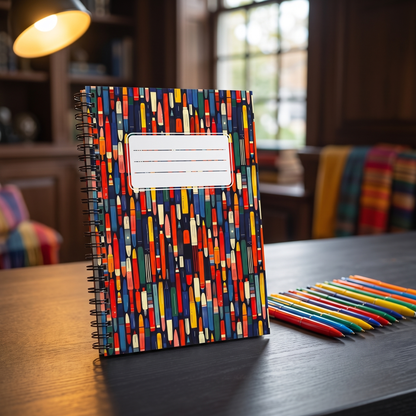 Ink Pens Floating in the Dark with Label spiral notebook in a styled lifestyle scene — Bliss Road Studios