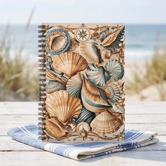 Coastal Elegance spiral notebook in a styled lifestyle scene — Bliss Road Studios