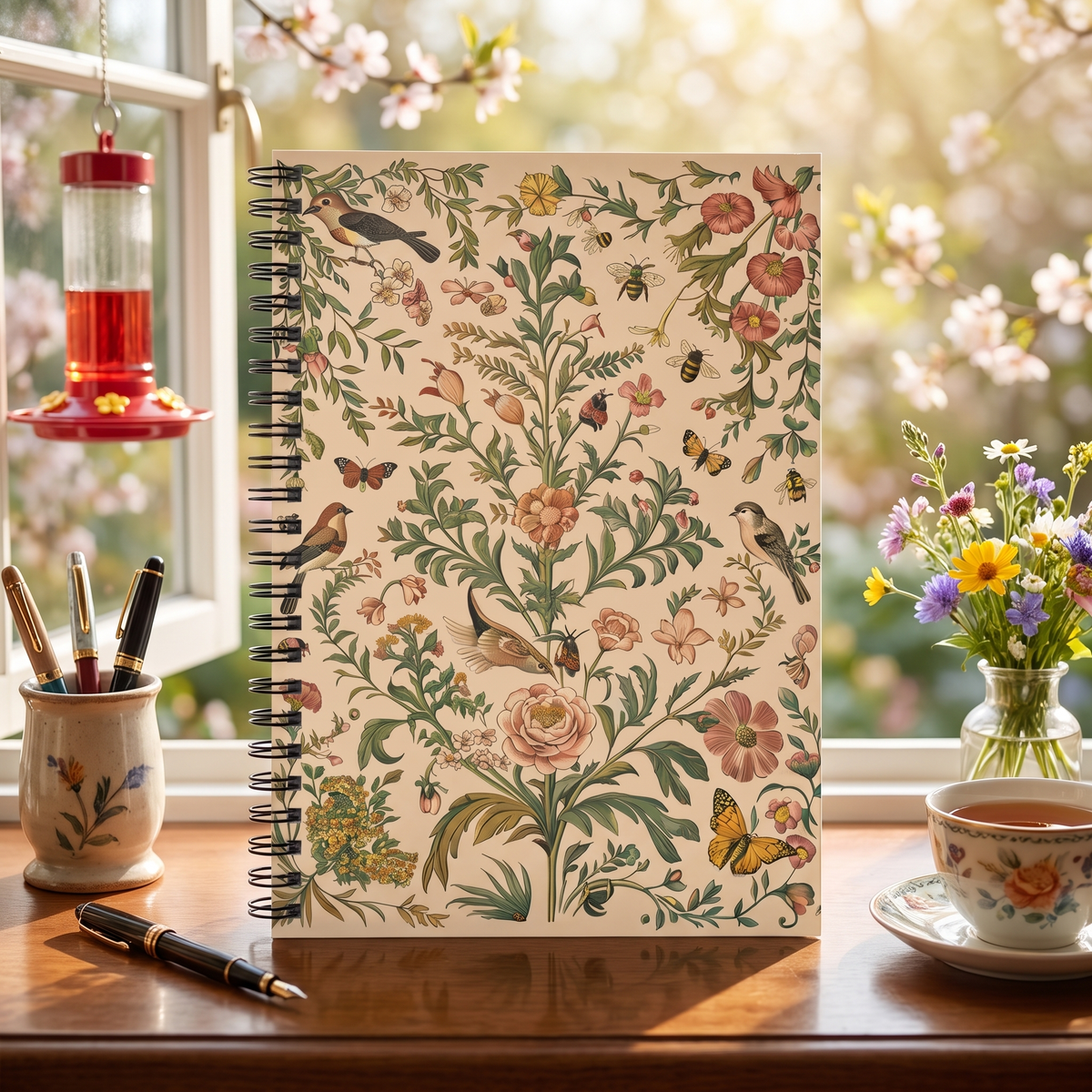 Floral Aviary Harmony spiral notebook in a styled lifestyle scene — Bliss Road Studios