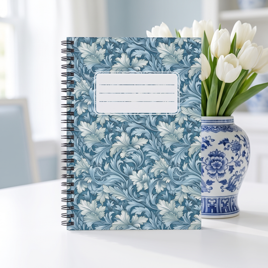Soft Blue Leaf Tapestry spiral notebook in a styled lifestyle scene — Bliss Road Studios