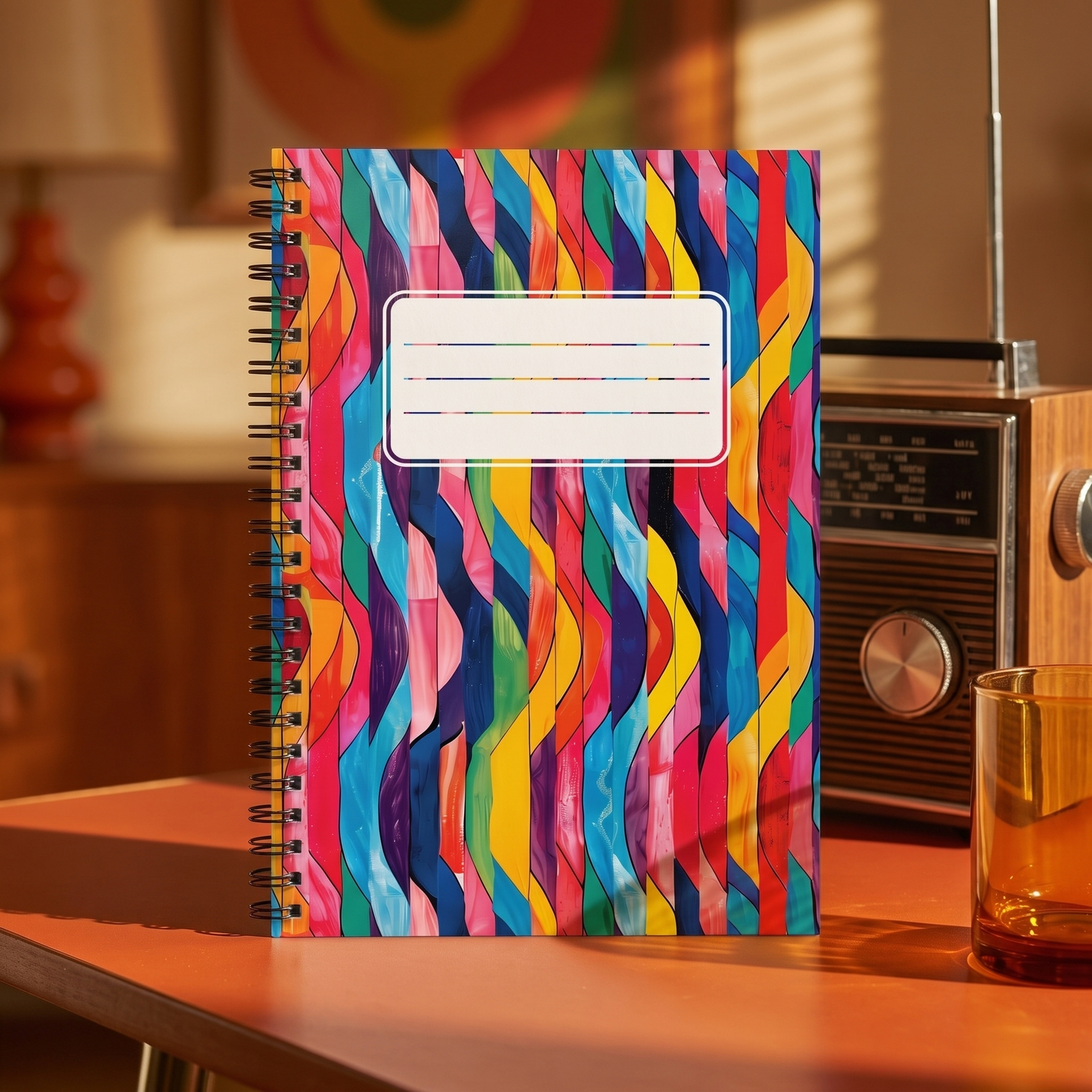 Retro Ripples with Label spiral notebook in a styled lifestyle scene — Bliss Road Studios