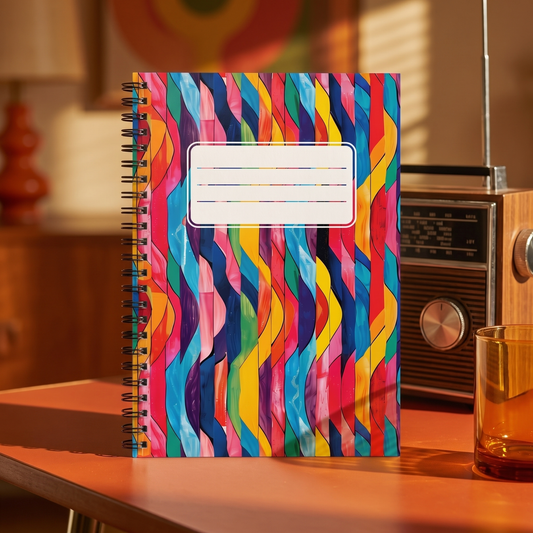 Retro Ripples with Label spiral notebook in a styled lifestyle scene — Bliss Road Studios