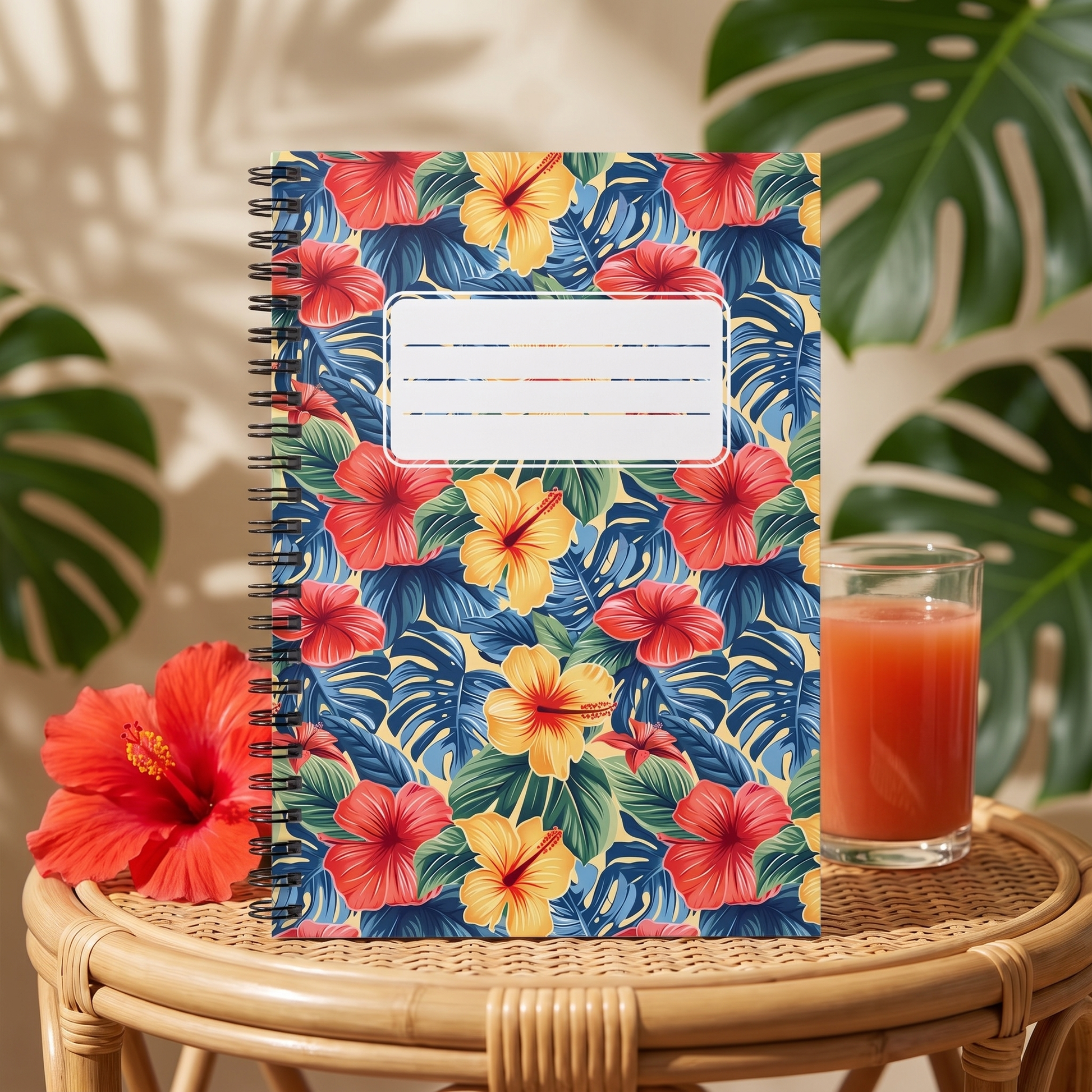 Hawaiian Hibiscus Bliss spiral notebook in a styled lifestyle scene — Bliss Road Studios