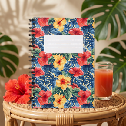 Hawaiian Hibiscus Bliss spiral notebook in a styled lifestyle scene — Bliss Road Studios
