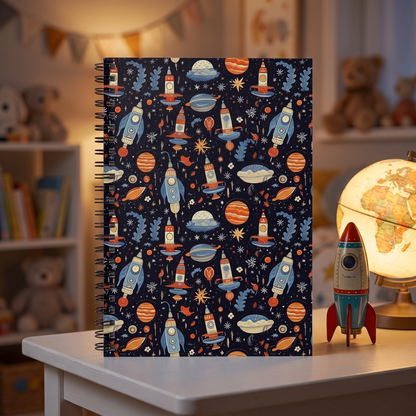 Galactic Space Rocket Romp spiral notebook in a styled lifestyle scene — Bliss Road Studios