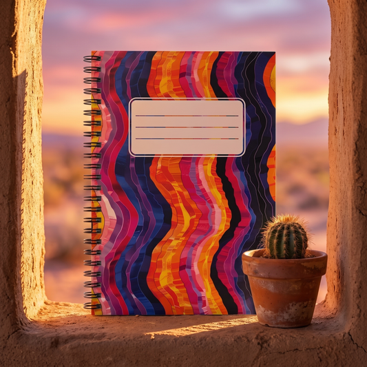 Desert Sunset Waves with Label spiral notebook in a styled lifestyle scene — Bliss Road Studios
