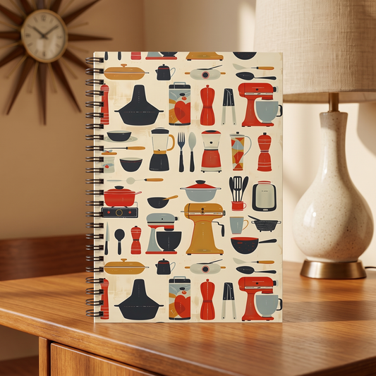Midcentury Kitchen Helpers spiral notebook in a styled lifestyle scene — Bliss Road Studios